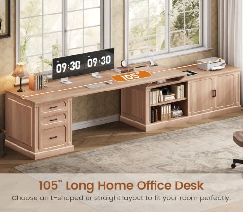 SEDETA Farmhouse L Shaped Desk with Drawers, 70.9" Home Office Desk with Storage Cabinet and Storage Shelves, L Shaped Computer Desk with Power Outlet，Oak