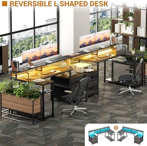 Aheaplus L Shaped Desk with File Drawer, Reversible L Shaped Gaming Desk
