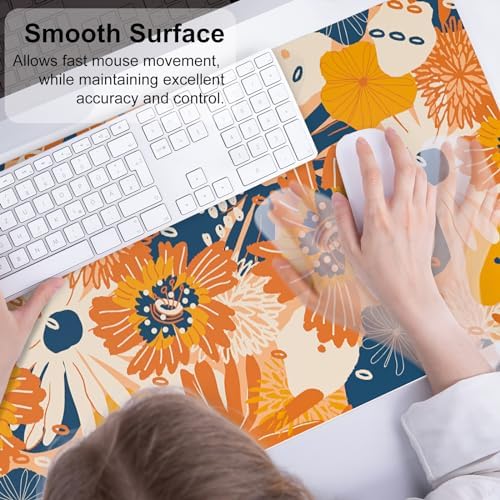 QiyI PU Leather Large Mouse Pad, Office Decor, 31.5" x 15.7", Orange Flower
