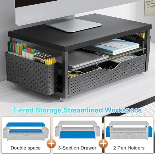 gianotter Desk Organizers and Accessories, Monitor Stand with Drawer and 2 Pen Holder, Desktop Organizer Suitable for Offices and Dormitories (Matte Black)
