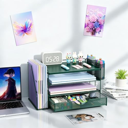 gianotter Wood Desk Organizers and Accessories with File Holder, 4-Tier Desk Accessories & Workspace Organizers with Drawer and 2 Pen Holder, Desk Reference Organizer (Green, 4T with Metal Drawer)