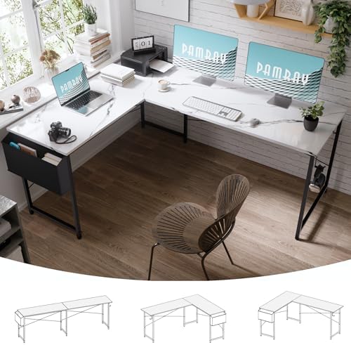 Pamray 64.5 Inch Reversible L Shaped Gaming Desk Large Corner Computer Desk with Storage Bag Home Office Table for Writing Study Marble