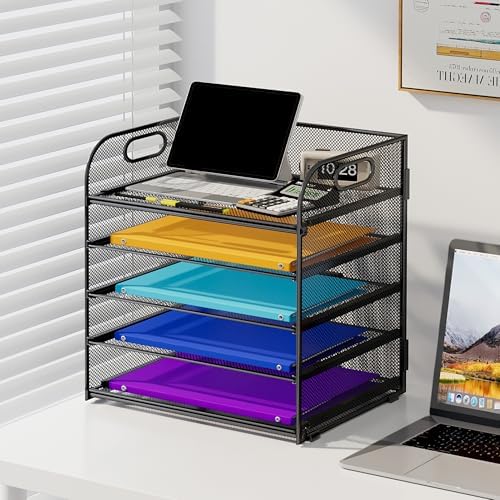 Cawukege 5 Tier Paper Organizer with Handle, Black Metal Mesh Desk Organizer File Folder Paper Letter Tray Desktop Document Sorter for Classroom, School, Office Accessories Organization and Storage