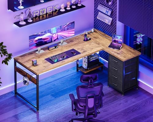 AODK 61" L Shaped Gaming Desk with 4 Drawers and Power Outlets, Vintage