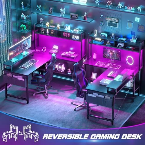 Aheaplus L Shaped Gaming Desk with Power Outlets & LED Lights, Black