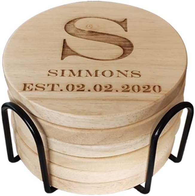 Personalized Wooden Coasters for Drinks - Custom Engraved, Monogram Design - Great Gifts for Relatives, Friends or Yourself (S, Set of 6)