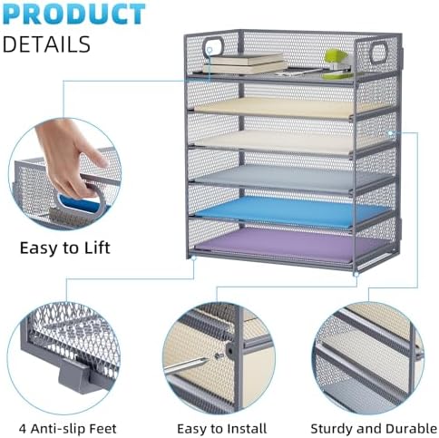Marbrasse 6 Tier Paper Organizer Letter Tray - Mesh Desk File Organizer with Handle, Paper Sorter for Letter/A4 Office File Folder Holder - Grey