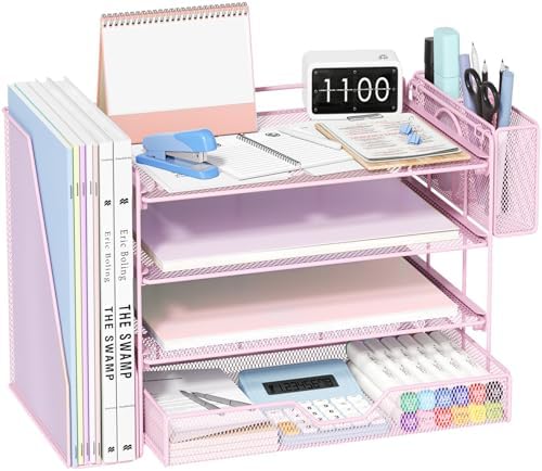OPNICE Desk Organizers and Accessories, 4-Tier Desktop File Organizer with Drawer and Pen Holders, Office Desk Accessories Workspace Organizers for Office Supplies (Soft Pink)