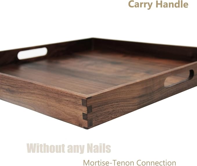 Set of 2 Large Black Walnut Wood Ottoman Tray with Handles, Serve Tea, Coffee, Classic Wooden Decorative Serving Tray (19 inch Square &18 inch Round)