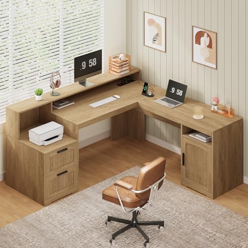63" Fluted L Shaped Desk with Drawers & Printer Shelf for Home Office