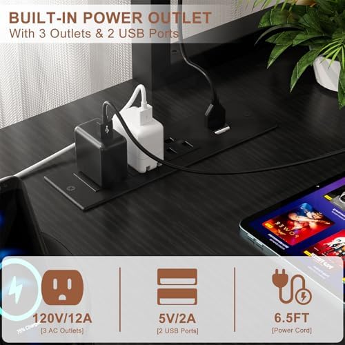 Aheaplus L Shaped Gaming Desk with Power Outlets & LED Lights, Black