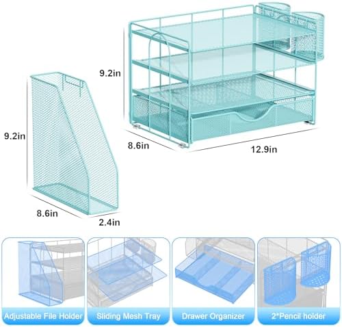 gianotter Desk Organizers and Accessories with File Holder, 4-Tier Desk Accessories & Workspace Organizers with Drawer and 2 Pen Holder, Paper Organizer for Office Supplies (Blue)