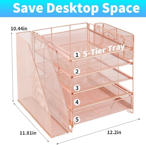 5-Tier Desk File Organizer with Drawer & Pen Holder (Rose Gold)