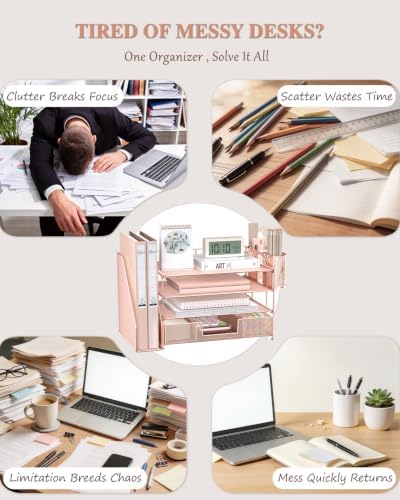 WALI Desk File Organizer, 4 Tier Desktop Paper Letter Tray Organizer with Drawer and 2 Pen Holders, Office Desk Accessories & Workspace Organizers for Office, Home, School Supplies, 1 Pack, Rose Gold
