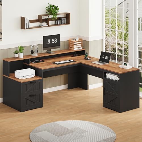 63" Farmhouse L Shaped Desk with Drawers & Printer Shelf for Home Office