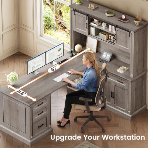 SEDETA 67" Farmhouse Executive L Shaped Desk with Hutch & Storage
