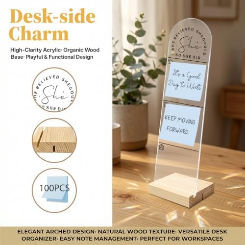 Sticky Note Holder, Monitor Memo Board, Message Board, Acrylic Desk Organizer with Wooden Base with 100Pcs 3X3 Inch Notes She Believed She Could So She Did