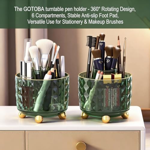 GOTOBA Dark Green Pen Pencil Holder for Desk, 360° Rotating Pen Organizer, Green Office Supplies, Cute Pen Holder, 6-Compartment Pencil Holder Rotating
