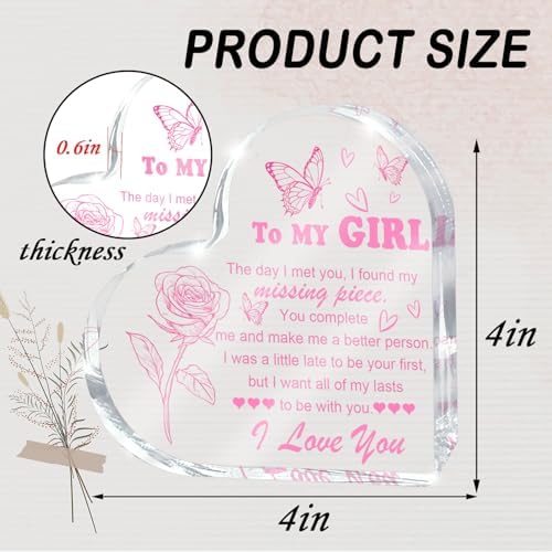 Love Heart Shaped Acrylic for Women, Pink Romantic "For My Girl" Decorative Gift, Anniversary Valentine's Day Gift, Couple Desk Decoration, Valentines Day Office Desk Accessories Decoration 4x4 Inch
