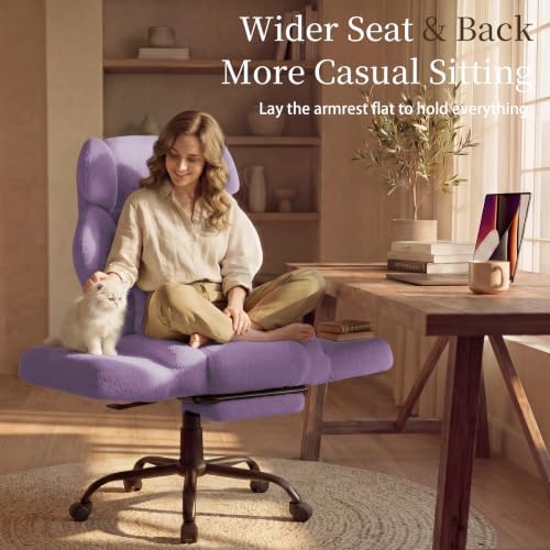 Office Chair with Flip Armrests,Comfy Criss Cross Chair for Pets Sitting,Big and Tall Office Chair with Foot Rest,Extra Wide Seat & Lumbar Pillow,Ergonomic Computer Gaming Chair,Teddy Fleece,Purple