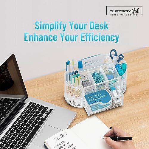 Mesh Desk Organizer with Drawer, 9-Compartment Pen Holder for Desk, White