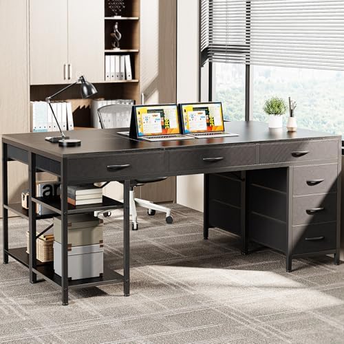 Huuger Computer Desk with 6 Drawers, Office Desk with Shelves, Reversible Gaming Desk, Corner Desk with Storage, Work for Home Office, Study, Living Room, 63inch, Black