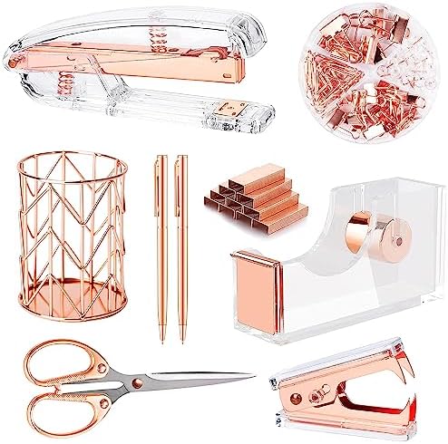 Famassi Rose Gold Desk Accessories，Office Supplies Set Acrylic Stapler Set Staple Remover, Tape Holder, 2 Ballpoint Pen, Scissor, Binder/Paper Clips and 1000pcs Staples.