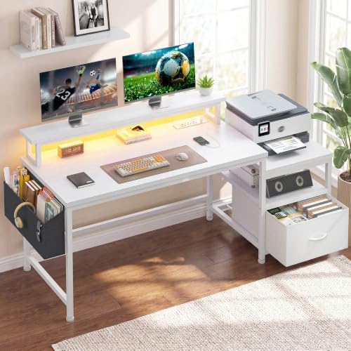 EnHomee 56.5" Office Desk with Drawers & Printer Space for Home Work,White
