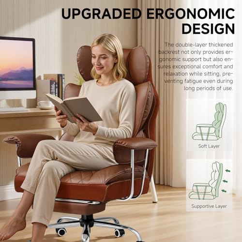 COMHOMA Big and Tall Office Chair, High Back Leather Gaming Chair with Footrest, Executive Ergonomic Office Chairs with Pocket Spring Lumbar Support and with Outward Fixed Soft Armrests