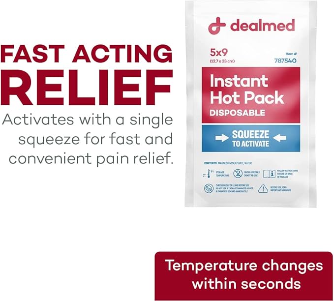 Dealmed Instant Hot Pack – Pack of 24, 5" x 9" Disposable Hot Packs for Injuries, Swelling, Sprains, Muscle Soreness and More, Single Squeeze Activation White