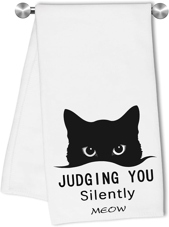 Modern Cartoon Cat Kitchen Towels with Judging You Silently Meow Design Dish Towel Tea Towel Absorbent Hand Towels for Bathroom Kitchen Home Decor,Cat Love Gifts for Women,Men,Hostesses