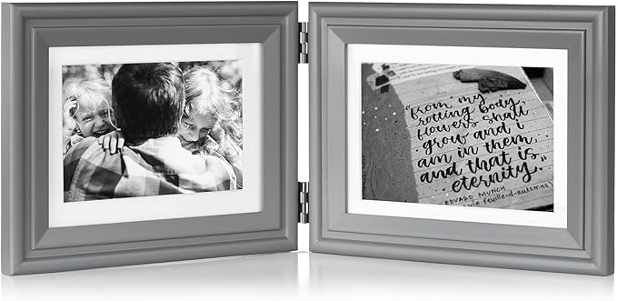 5x7 Double Horizontal Hinged Wood Picture Frame Folding Photo Frame with Real Glass Front in Gray for Tabletop, Display 4x6 with Mat or 5x7 without Mat X2-HUI-2H57