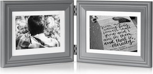 5x7 Double Horizontal Hinged Wood Picture Frame Folding Photo Frame with Real Glass Front in Gray for Tabletop, Display 4x6 with Mat or 5x7 without Mat X2-HUI-2H57