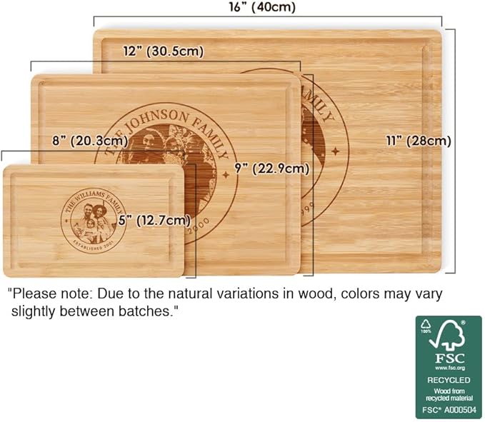 callie Personalized Bamboo Cutting Board with Engraved Photo, Custom Wooden Charcuterie Boards with Juice Grooves, Christmas, Wedding, Housewarming Gifts (S, M, L)