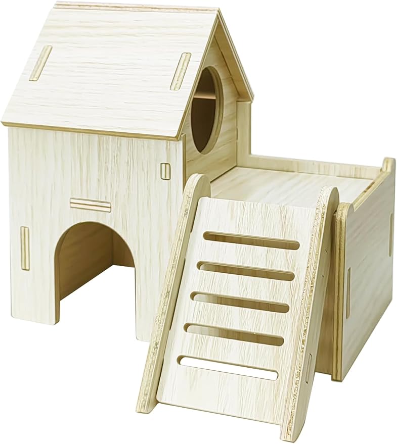 Hamster Hideout Cage Accessories - Hamster House and Habitat Wooden Hide Hut with Climbing Ladder and Platform for Dwarf Gerbils and Mouse Mice Rat Other Small Animals etc.