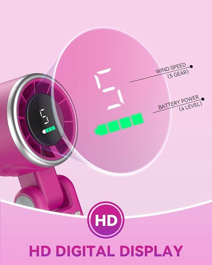 Portable Handheld Turbo Fan, 5-Speed Personal Fans, 5000mAh Rechargeable Fans Up to 12 Hours, Weight only 0.6lb Small Fan, Hand/Neck/Desk Fan 3 IN 1, Beach Vacation Essentials(Magenta)