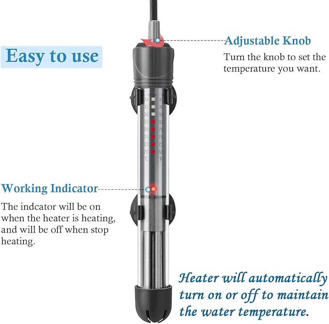 HITOP 25W 50W Adjustable Aquarium Heater, Submersible Fish Tank Heater Thermostat with Suction Cup