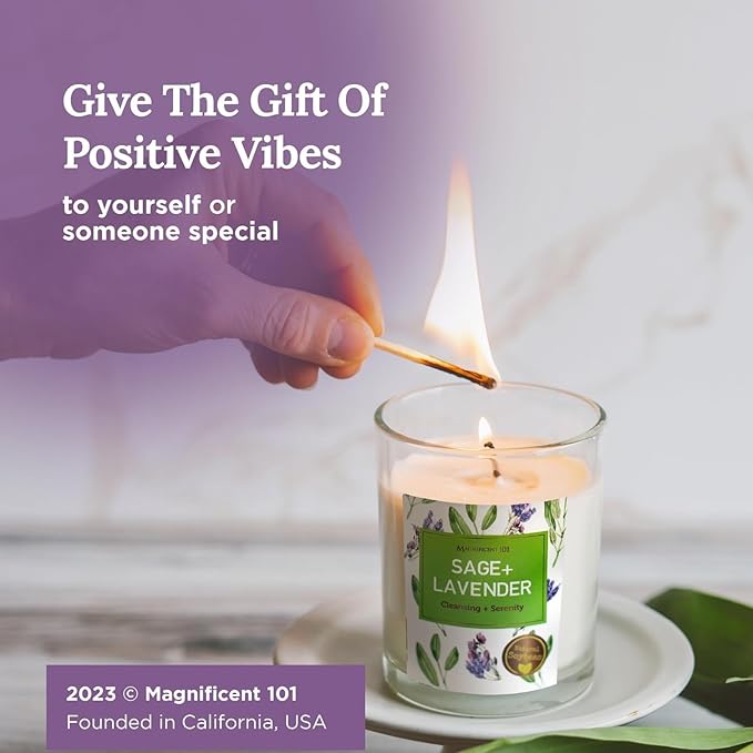 Magnificent 101 Soy Candle Set of 3 Pure Sage & Lavender - 3.5 oz Glass Jars, 42-Hour Burn - Natural Aromatherapy Candles for Energy Cleansing & Meditation Accessories