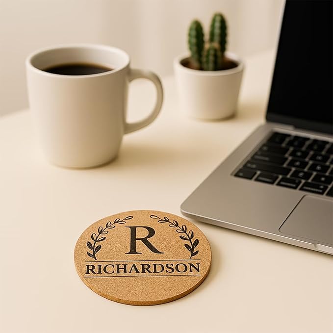 Set of 5 Personalized Custom Monogram Cork Coasters, Custom Wedding, Housewarming Gifts, Promotional Giveaways (Design #3)