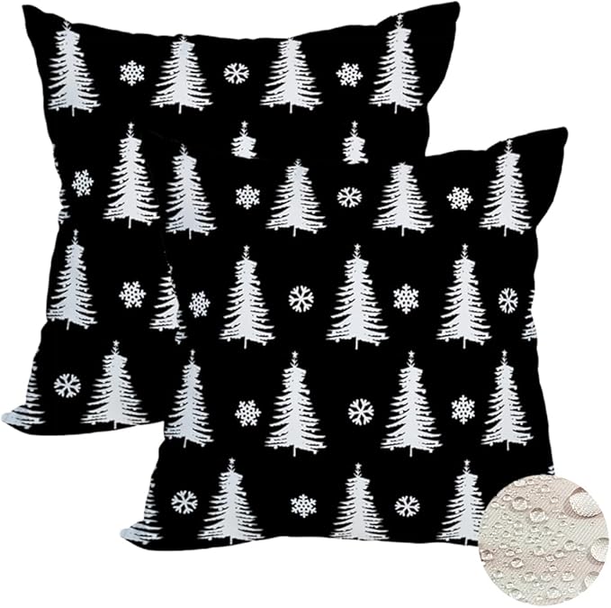 Fukeen 2 Pack Waterproof Outdoor Christmas Tree Decor Pillow Covers 24x24 Inch White and Black Forest Pine Trees Xmas Throw Pillow Covers Snowflake Winter Decorations Cushion Cover Double Sided