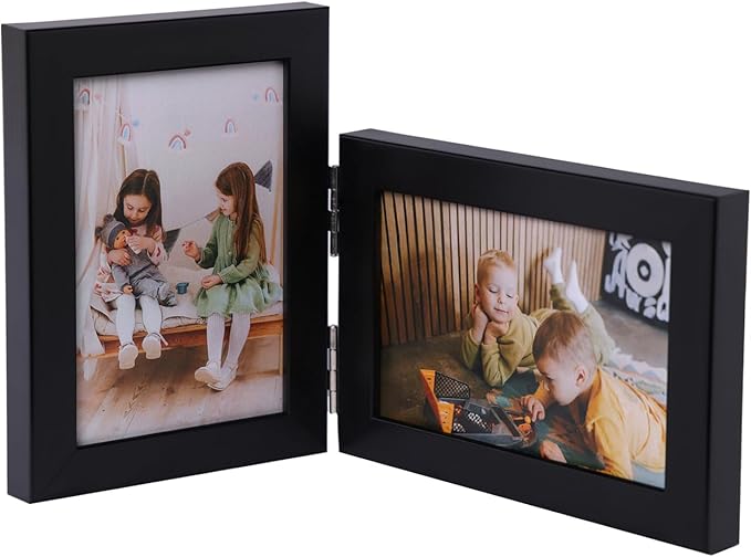 Double Vertical And Horizontal 4X6 Hinged PS Family Picture Frame Collage For Desktop or Tabletop (Black 4664)