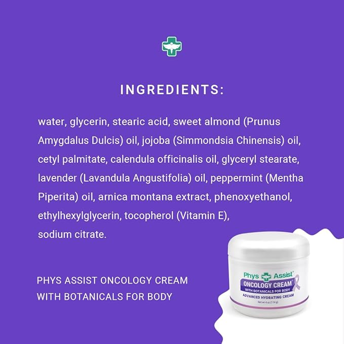 PhysAssist - Oncology Body Cream with Botanicals, 4 oz. Soothing and Hydrating to Stressed Skin. Made with Oils of Lavender, Calendula, and Peppermint. Non-Irritant, Clinically Tested.