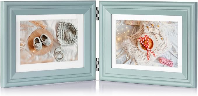 5x7 Double Horizontal Hinged Wood Picture Frame Folding Photo Frame with Real Glass Front in Teal Blue for Tabletop, Display 4x6 with Mat or 5x7 without Mat X2-LAN-2H57