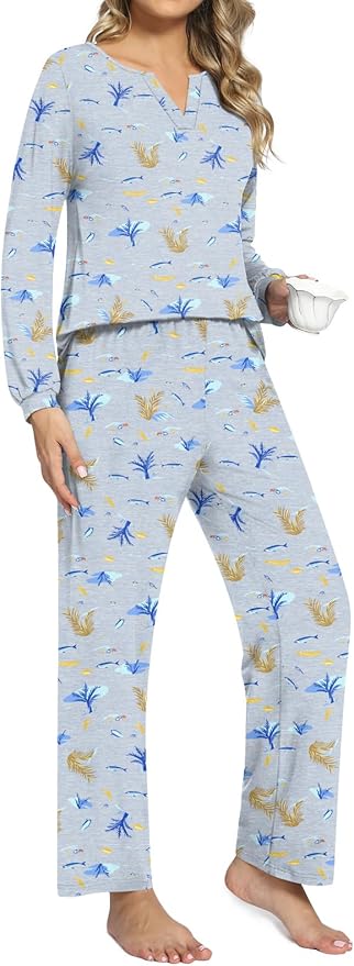 Anyally Women's Plus Size Pajama Sets Ladies Fall Pjs 2 Pieces Lounge Outfits V Neck Long Sleeves Sleepwear with Pockets