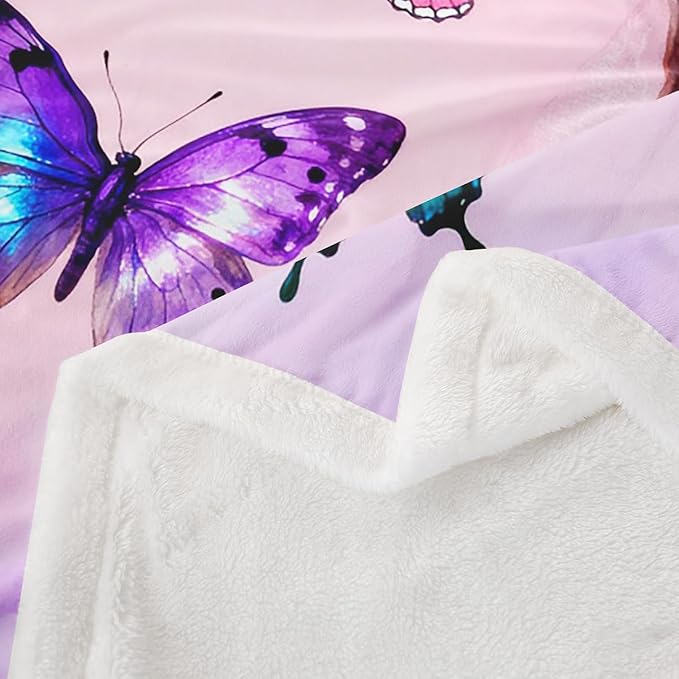 Feelyou Girls Butterfly Fleece Throw Blanket 40"x50" Kids Chic Gorgeous Sherpa Blanket Plush Fuzzy for Bed Couch Chair Living Room, Floral Flower Bed Blanket Room Decor