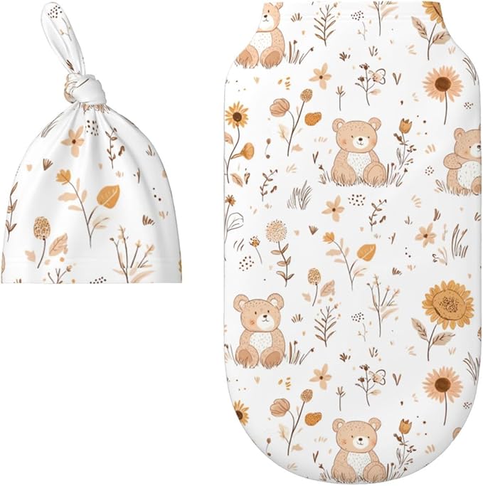 Newborn Swaddle Blankets and Hat Set Soft Cotton Baby Swaddle Wrap Warm Infant Receiving Blanket Cute Bear