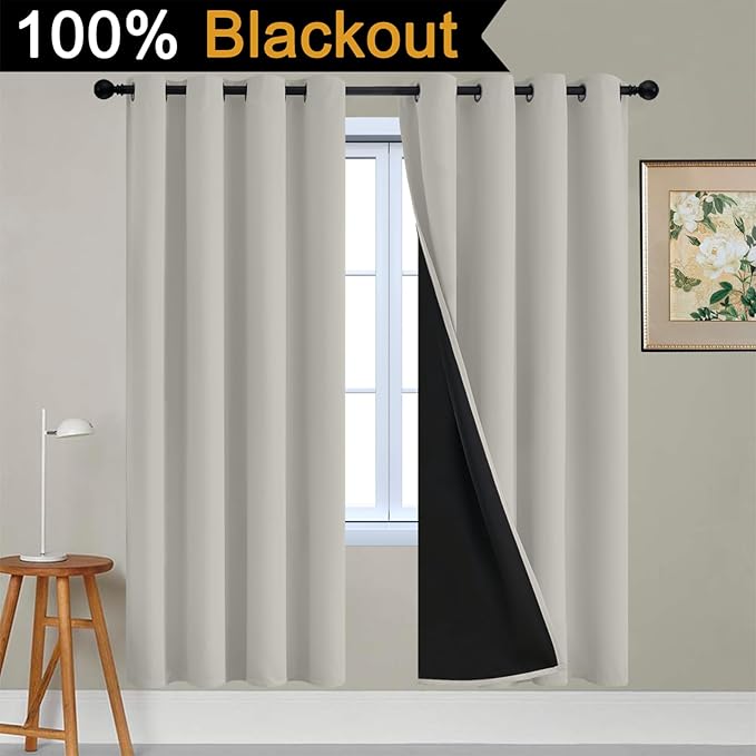 Yakamok Cream Beige 100% Blackout Curtains, Thermal Insulated Total Blackout Drapes for Bedroom, Heat Blocking Window Curtains for Living Room(52Wx72L, 2 Panels)