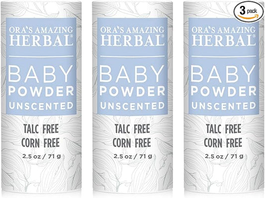 Ora's Amazing Herbal Baby Powder, Talc, Cornstarch and Grain Free 2.5oz, Made in The USA (Unscented 3 Pack)