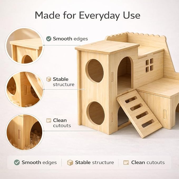 Tiny Hamster Maze Wood House Fun Slide House Double-Decker Hut for Dwarf Gerbil Mouse Mice Rat Small Animals(Only for Small Hamster)