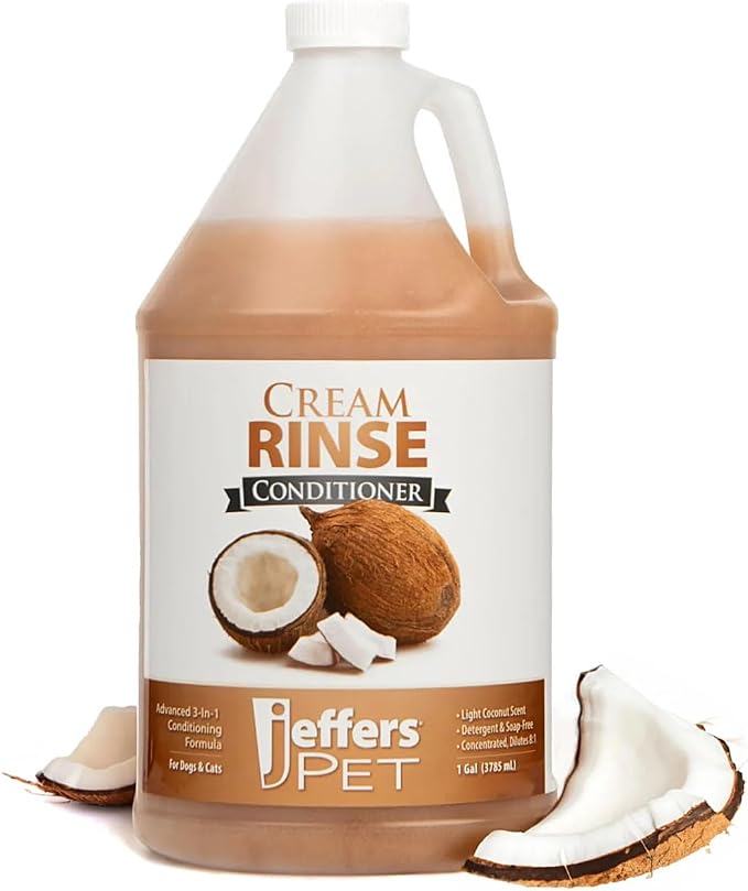 Jeffers Pet Cream Rinse 3in1 Conditioner, 128 Oz – Moisturizing & Detangling Formula for Dogs & Cats, Light Coconut Scent, Soap & Detergent Free, Safe Professional Grooming Pet Coat Care